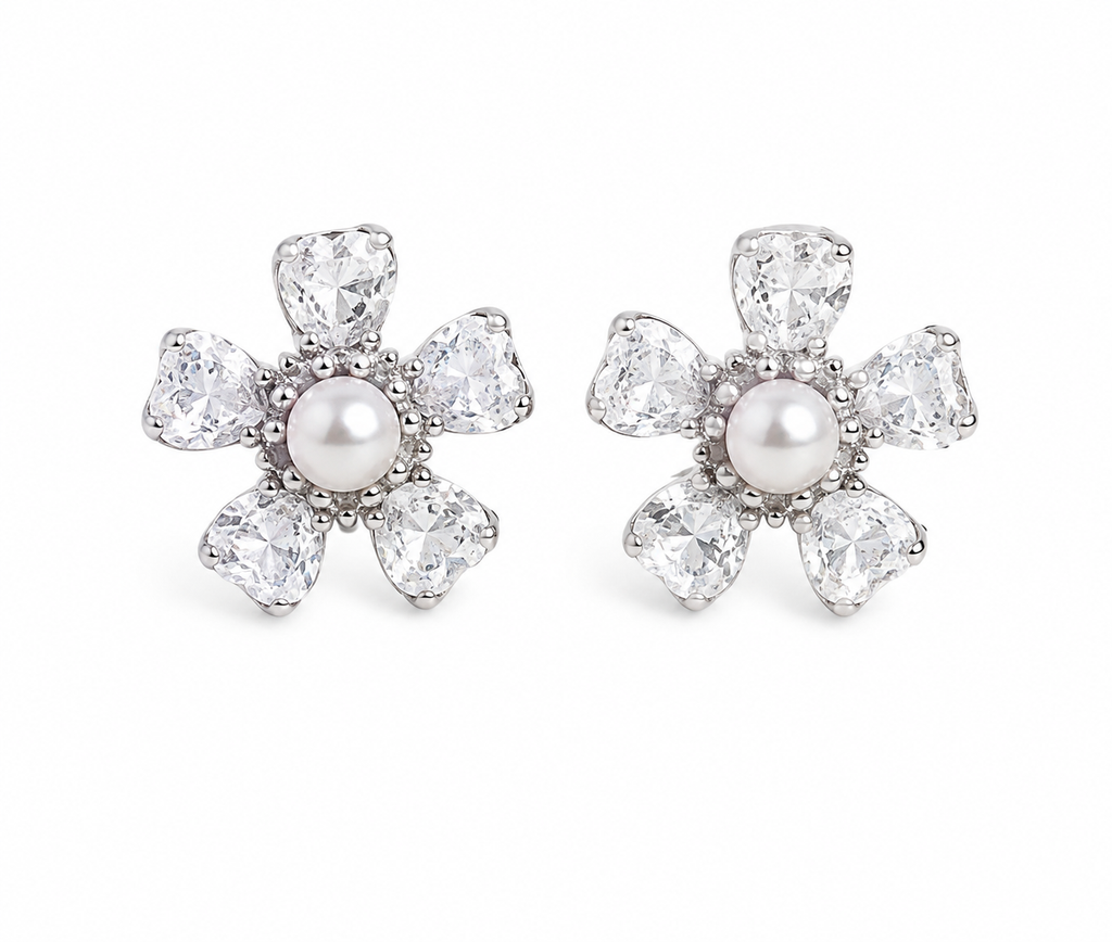 Crystal Petal Pearl Flower Stud Earrings