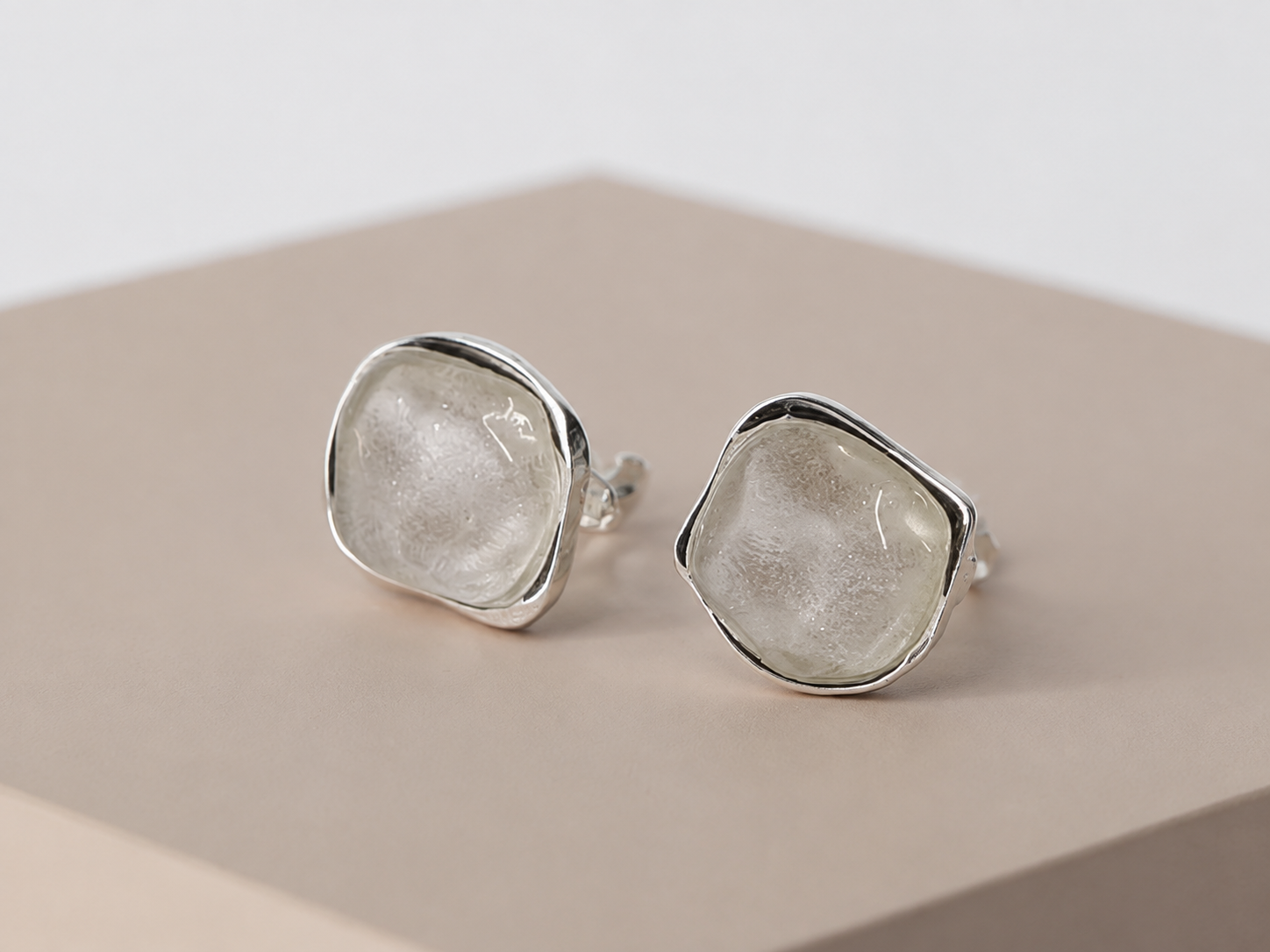 Irregular Square Silver Glitter Resin Clip On Earrings