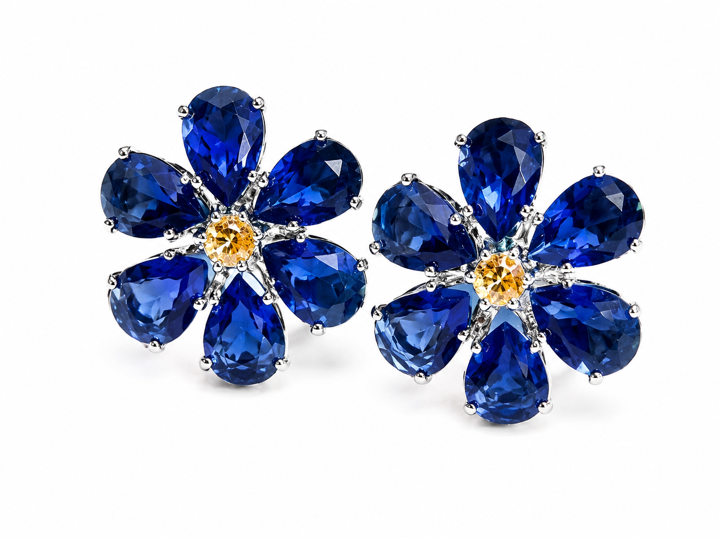 Sapphire Blue Crystal Flower Stud Earrings