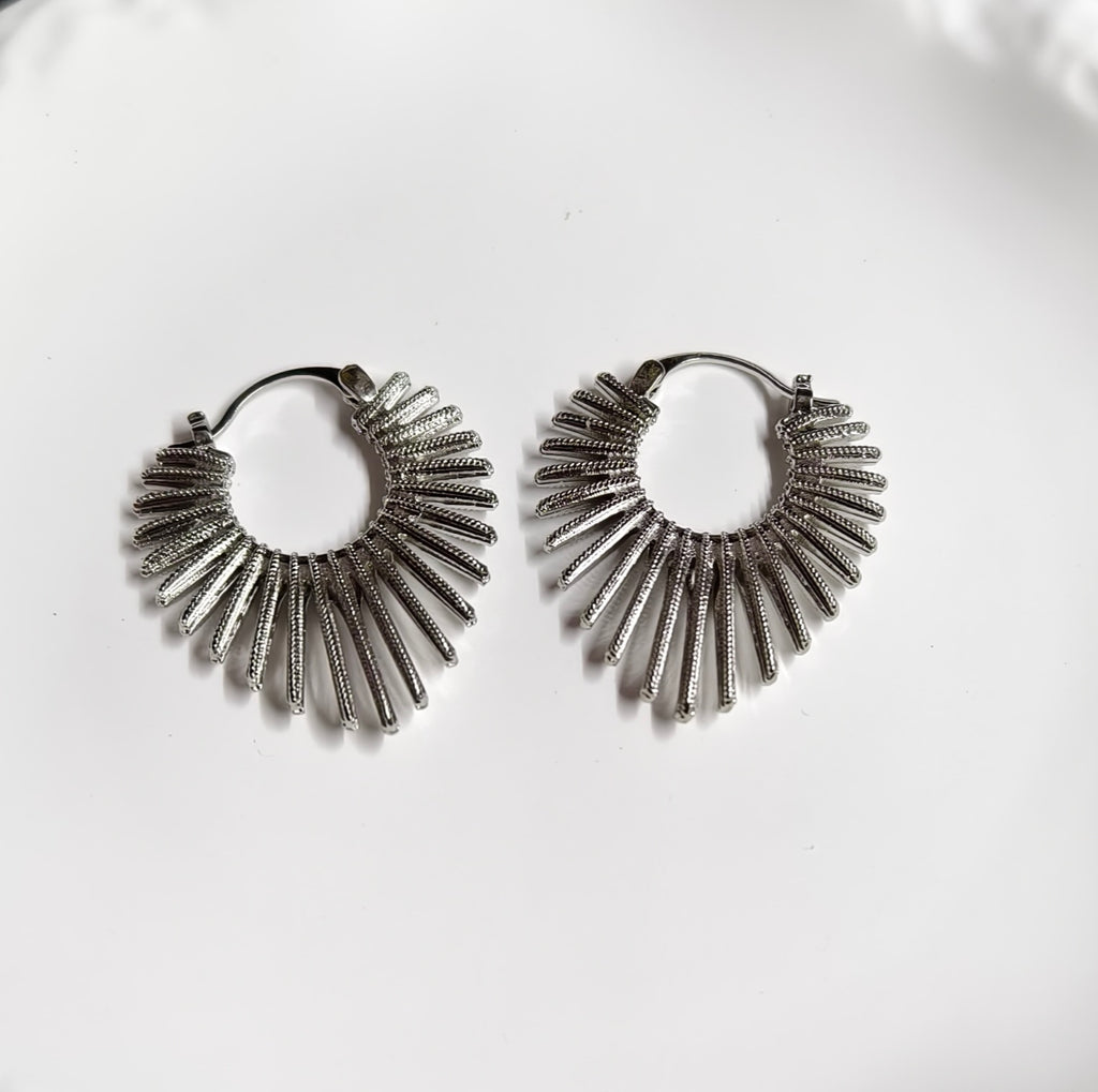 Silver Sunburst Fan Huggie Hoop Earrings