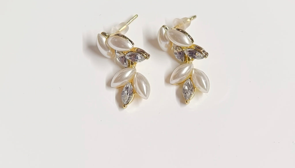 Gold Leaf Marquise Pearl Zircon Drop Stud Earrings
