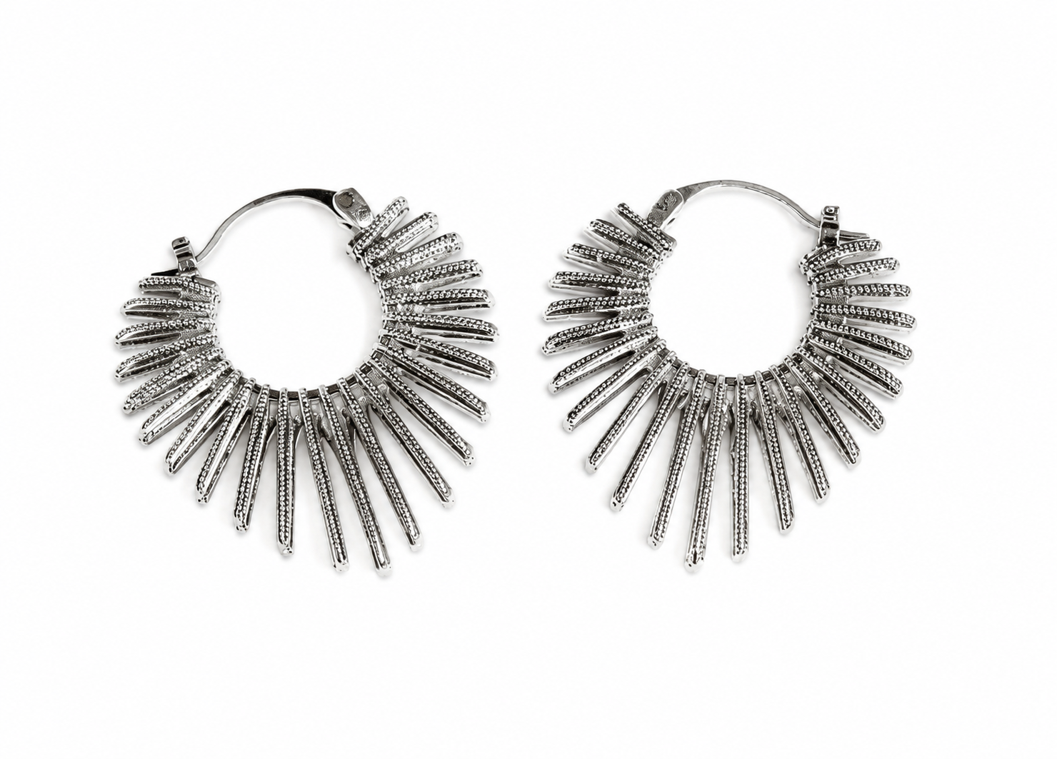 Silver Sunburst Fan Huggie Hoop Earrings