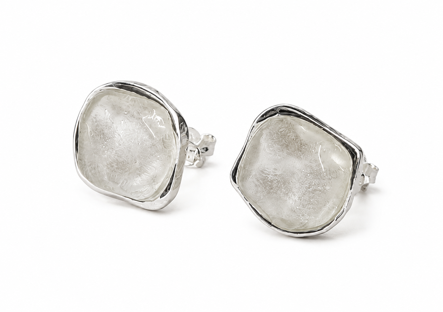 Irregular Square Silver Glitter Resin Clip On Earrings