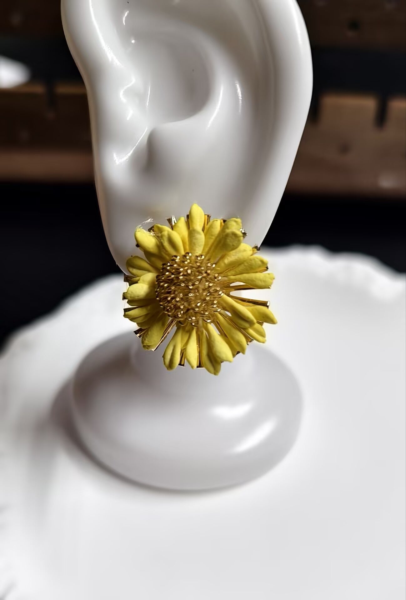 Lemon Yellow Daisy Gold Stud Earrings