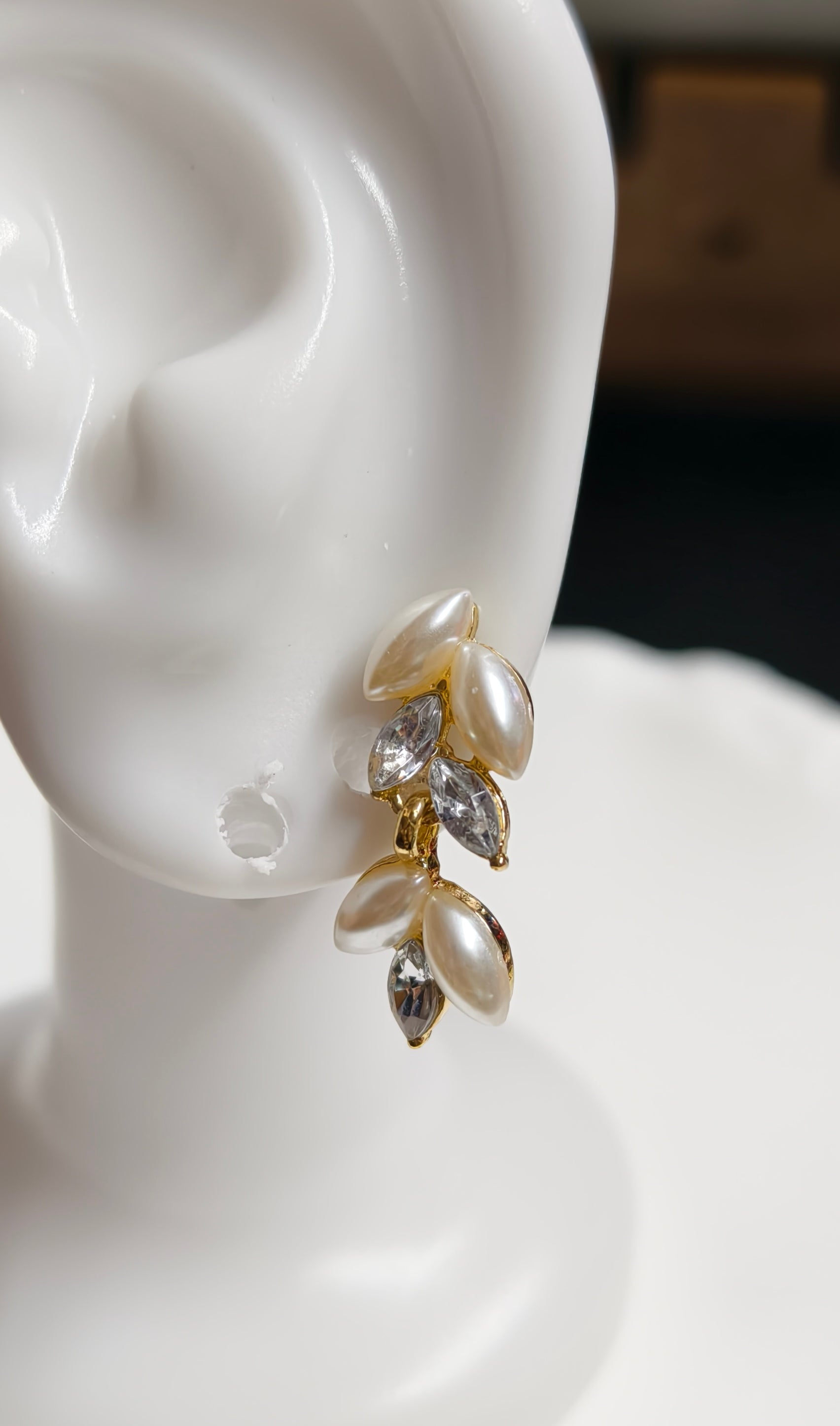 Gold Leaf Marquise Pearl Zircon Drop Stud Earrings