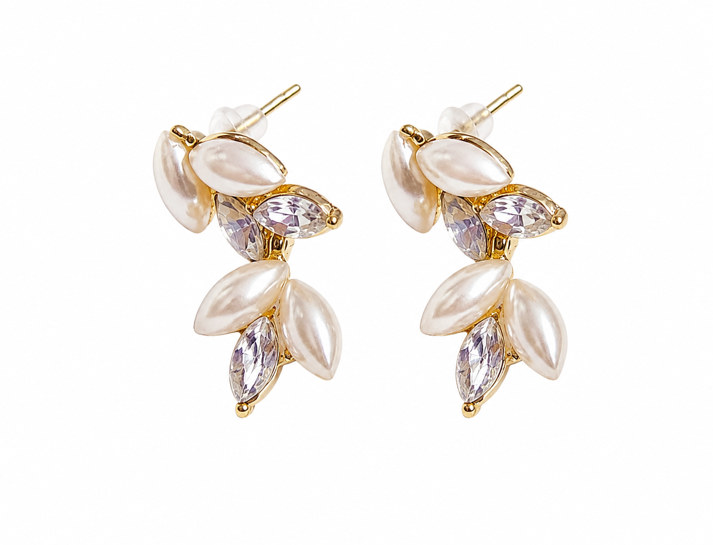 Gold Leaf Marquise Pearl Zircon Drop Stud Earrings